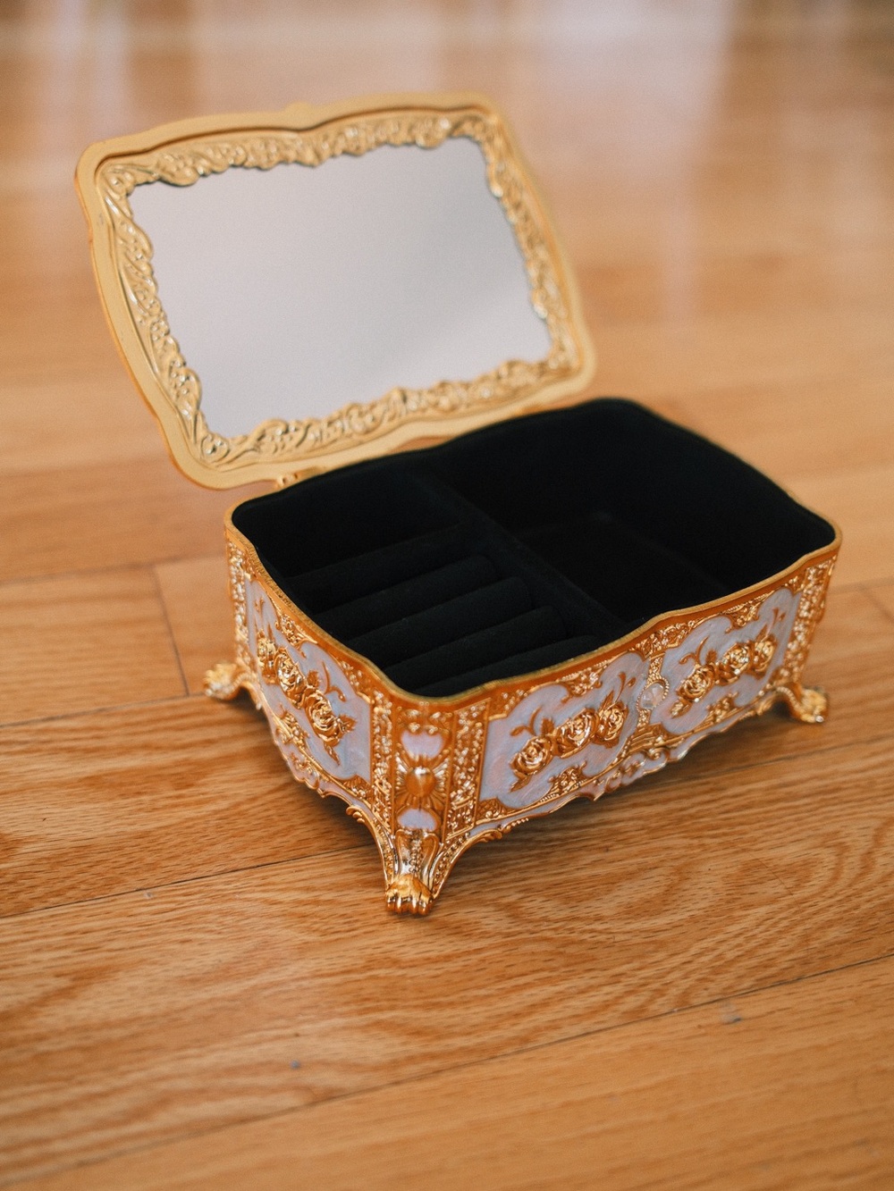 Ornate Gold & White Jewelry Storage Box with Mirror